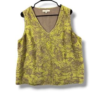 Sejour Sleeveless Top Yellow Tan Fringe Trim Abstract Print Blouse Tank 16W